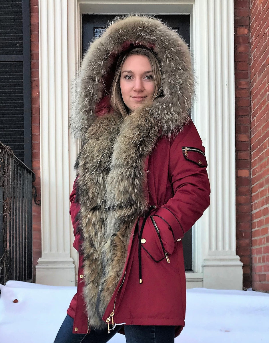 Bergen Of Norway Women s Ashley Red Finnish Raccoon Fur Winter Coat