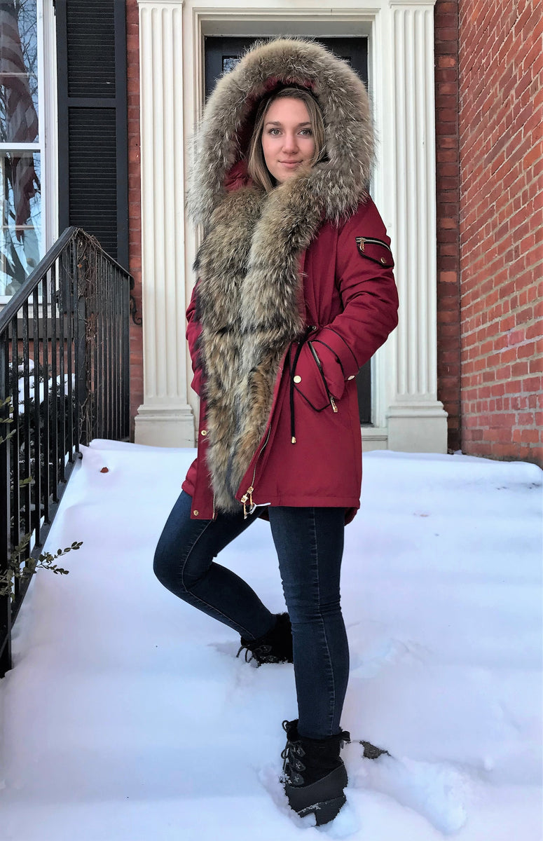 Bergen Of Norway Women s Ashley Red Finnish Raccoon Fur Winter Coat